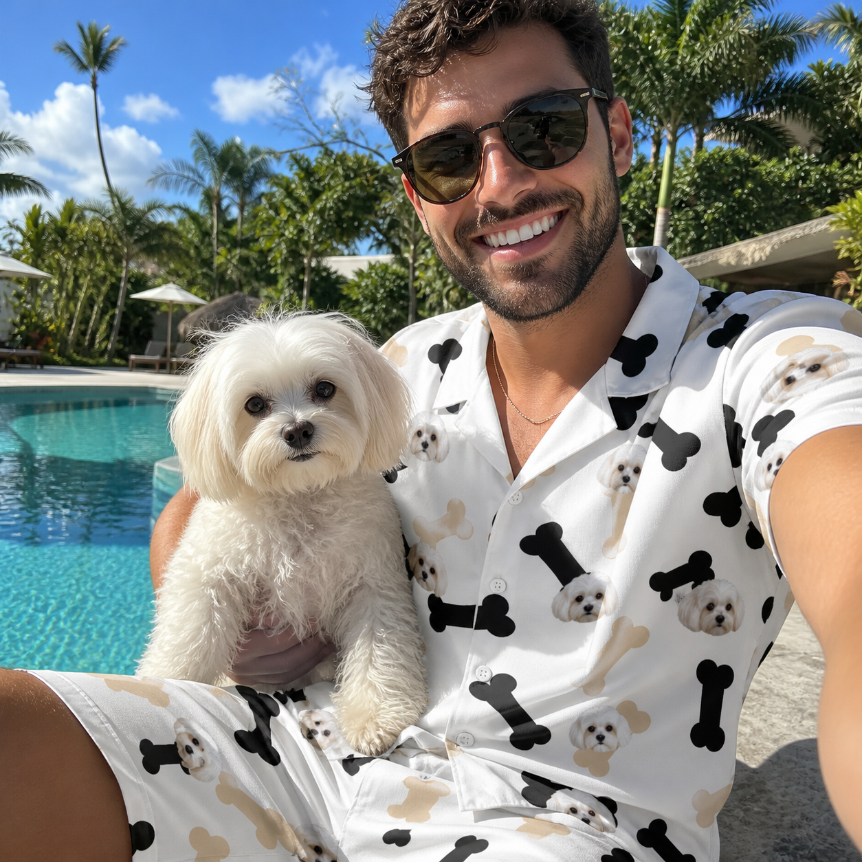 Selfie with the pet whose face is printed all over this Men's Biscuit Bark Custom Dog Face Shirt & Shorts Set