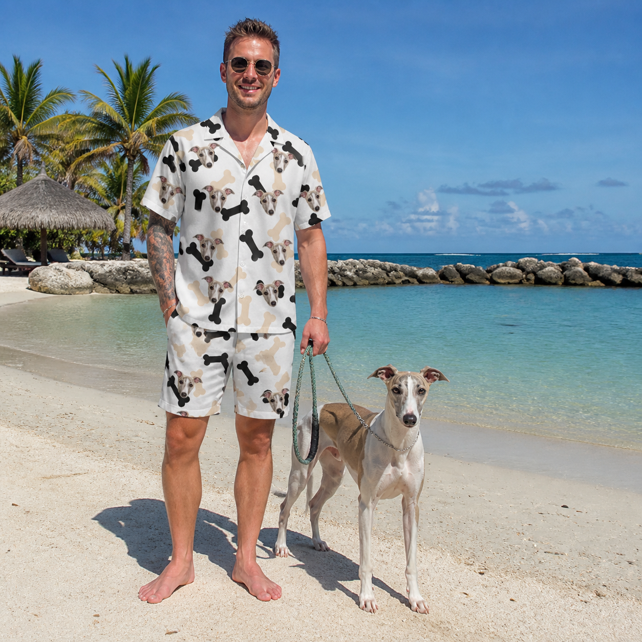 Full-length photo with the pet printed all over this Men's Biscuit Bark Custom Dog Face Shirt & Shorts Set