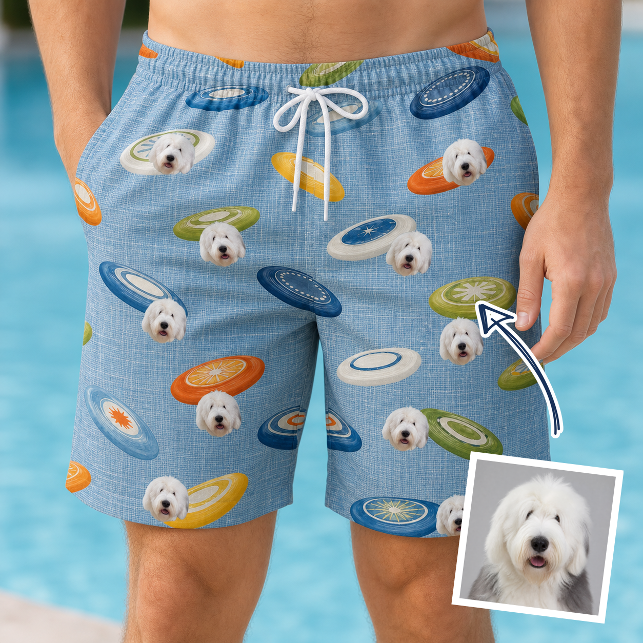 Man wearing Men's Aero Barkers Custom Dog Face Beach Shorts — custom faces printed all-over