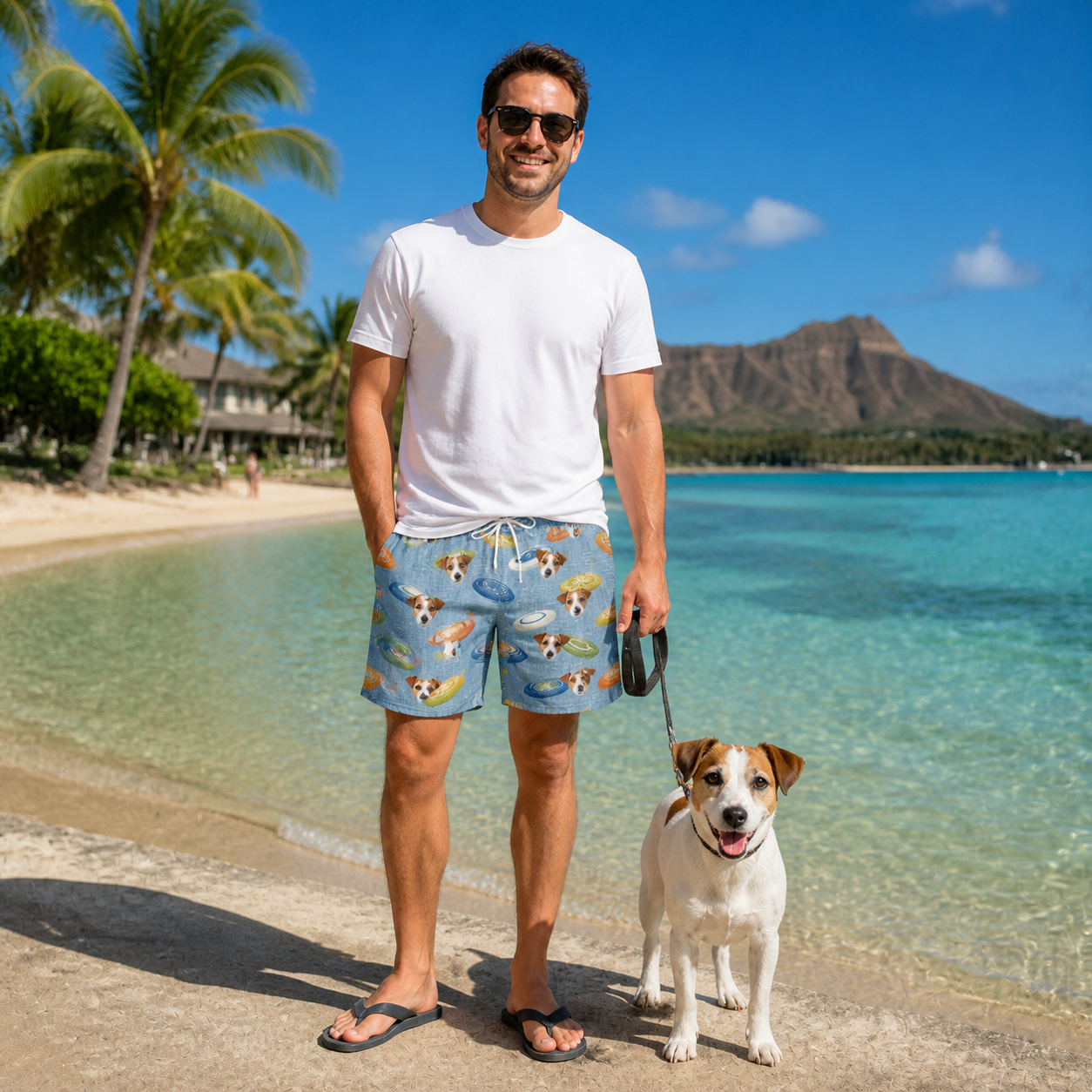 Full-length photo with the pet printed all over this Men's Aero Barkers Custom Dog Face Beach Shorts