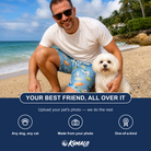 Friends in matching Men's Aero Barkers Custom Dog Face Beach Shorts — a group gift photo