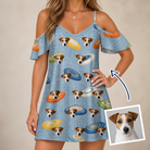 Woman wearing Women's Aero Barkers Custom Dog Face Off-Shoulder Dress — custom faces printed all-over