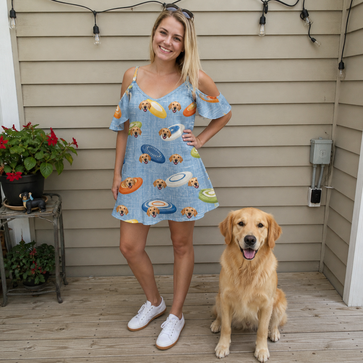 Full-length photo with the pet printed all over this Women's Aero Barkers Custom Dog Face Off-Shoulder Dress