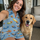 Selfie with the pet whose face is printed all over this Women's Aero Barkers Custom Dog Face V-Neck Dress