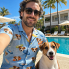 Selfie with the pet whose face is printed all over this Men's Aero Barkers Custom Dog Face Hawaiian Shirt