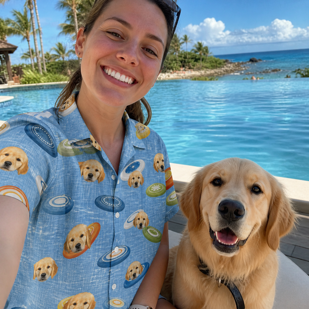 Selfie with the pet whose face is printed all over this Women's Aero Barkers Custom Dog Face Hawaiian Shirt