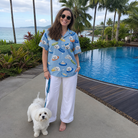 Full-length photo with the pet printed all over this Women's Aero Barkers Custom Dog Face Hawaiian Shirt