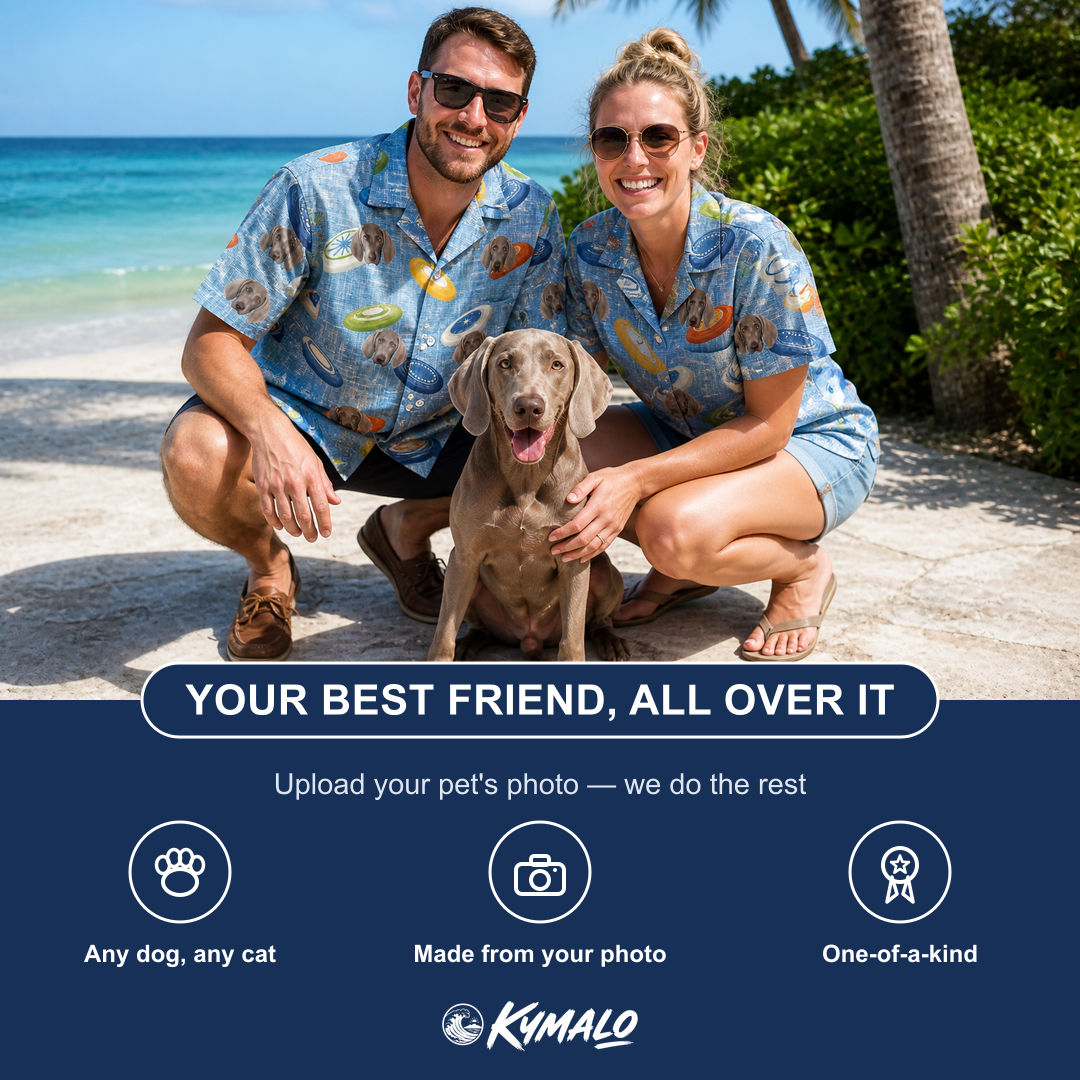 Friends in matching Women's Aero Barkers Custom Dog Face Hawaiian Shirt — a group gift photo