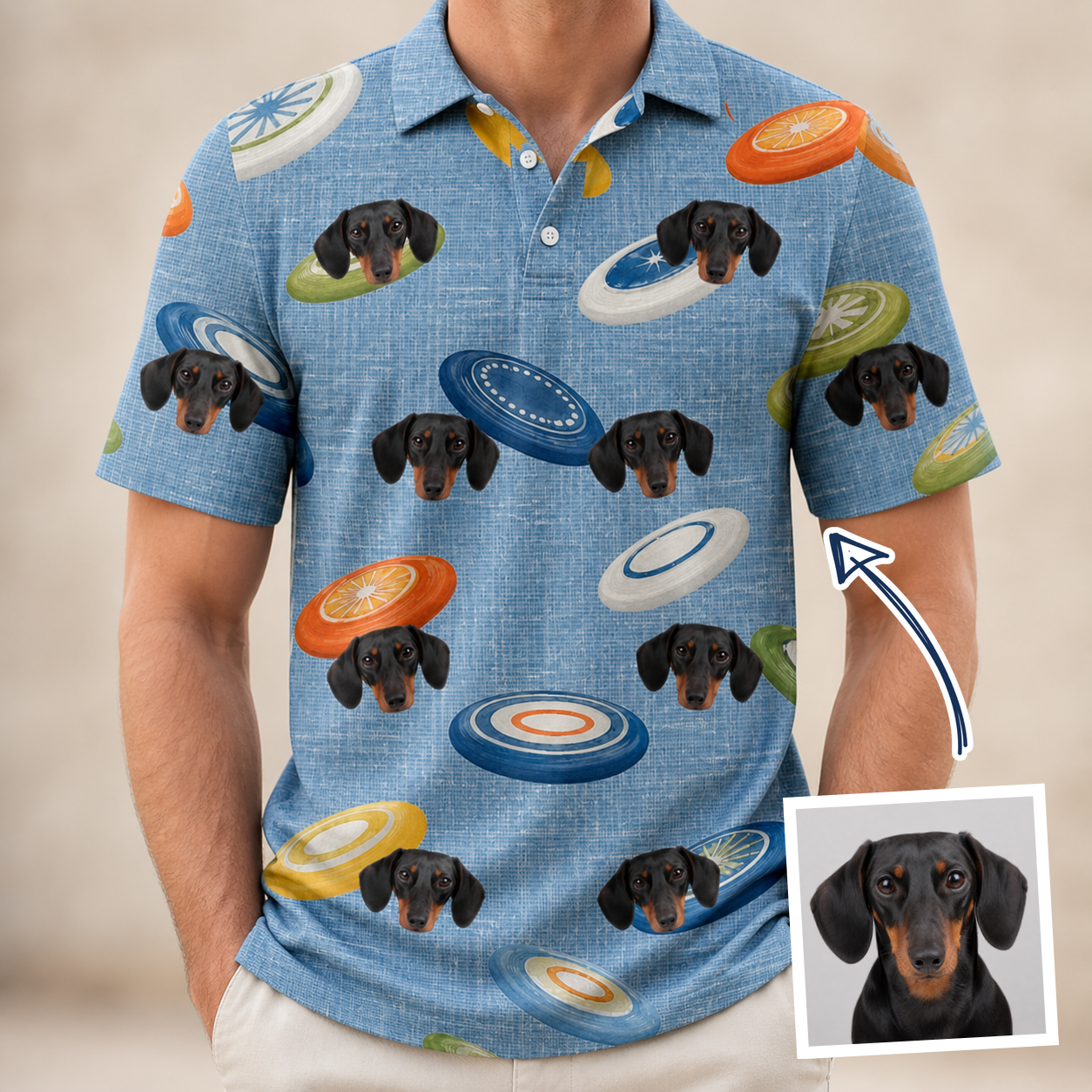 Man wearing Men's Aero Barkers Custom Dog Face Polo Shirt — custom faces printed all-over
