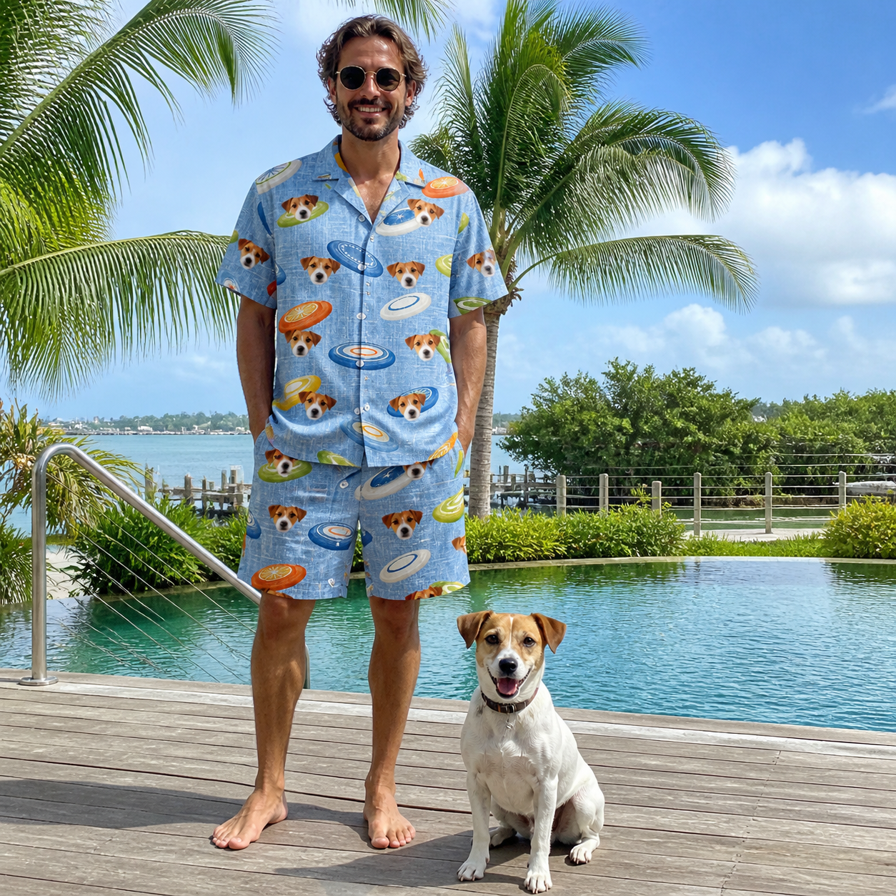 Full-length photo with the pet printed all over this Men's Aero Barkers Custom Dog Face Shirt & Shorts Set