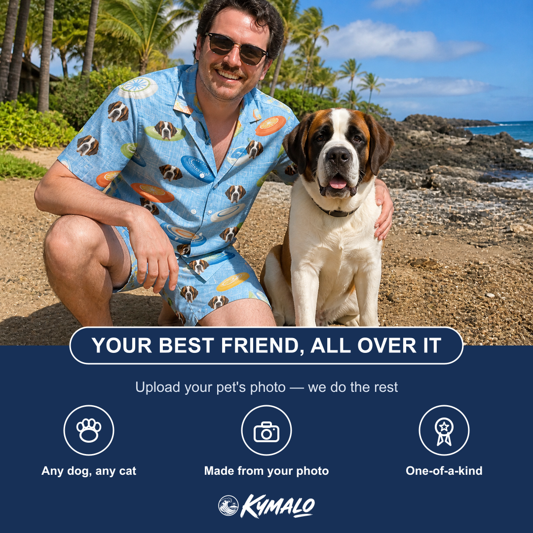 Friends in matching Men's Aero Barkers Custom Dog Face Shirt & Shorts Set — a group gift photo