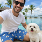 Selfie with the pet whose face is printed all over this Men's Kibble Cartography Custom Dog Face Beach Shorts