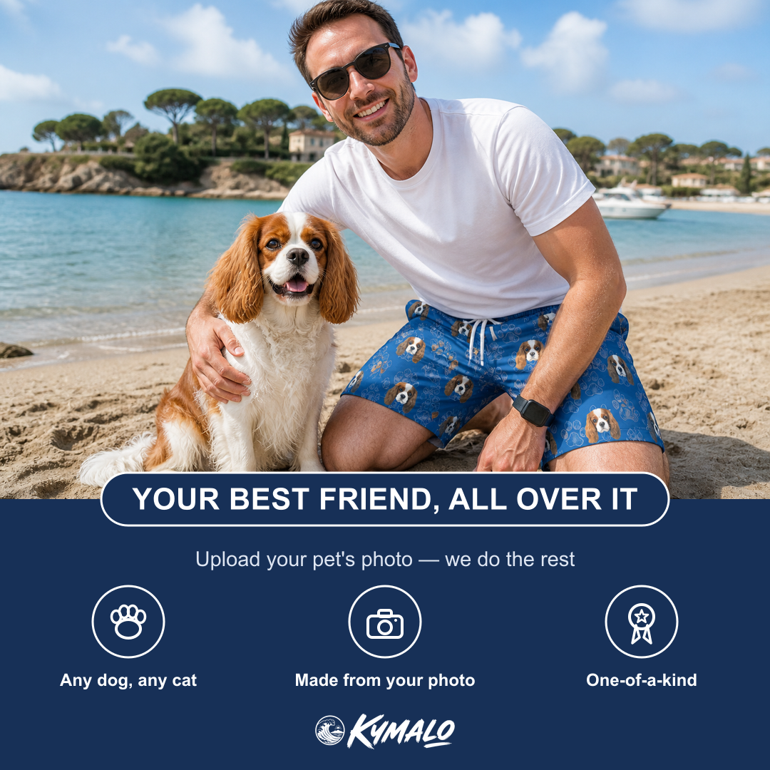 Friends in matching Men's Kibble Cartography Custom Dog Face Beach Shorts — a group gift photo