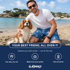 Friends in matching Men's Kibble Cartography Custom Dog Face Beach Shorts — a group gift photo