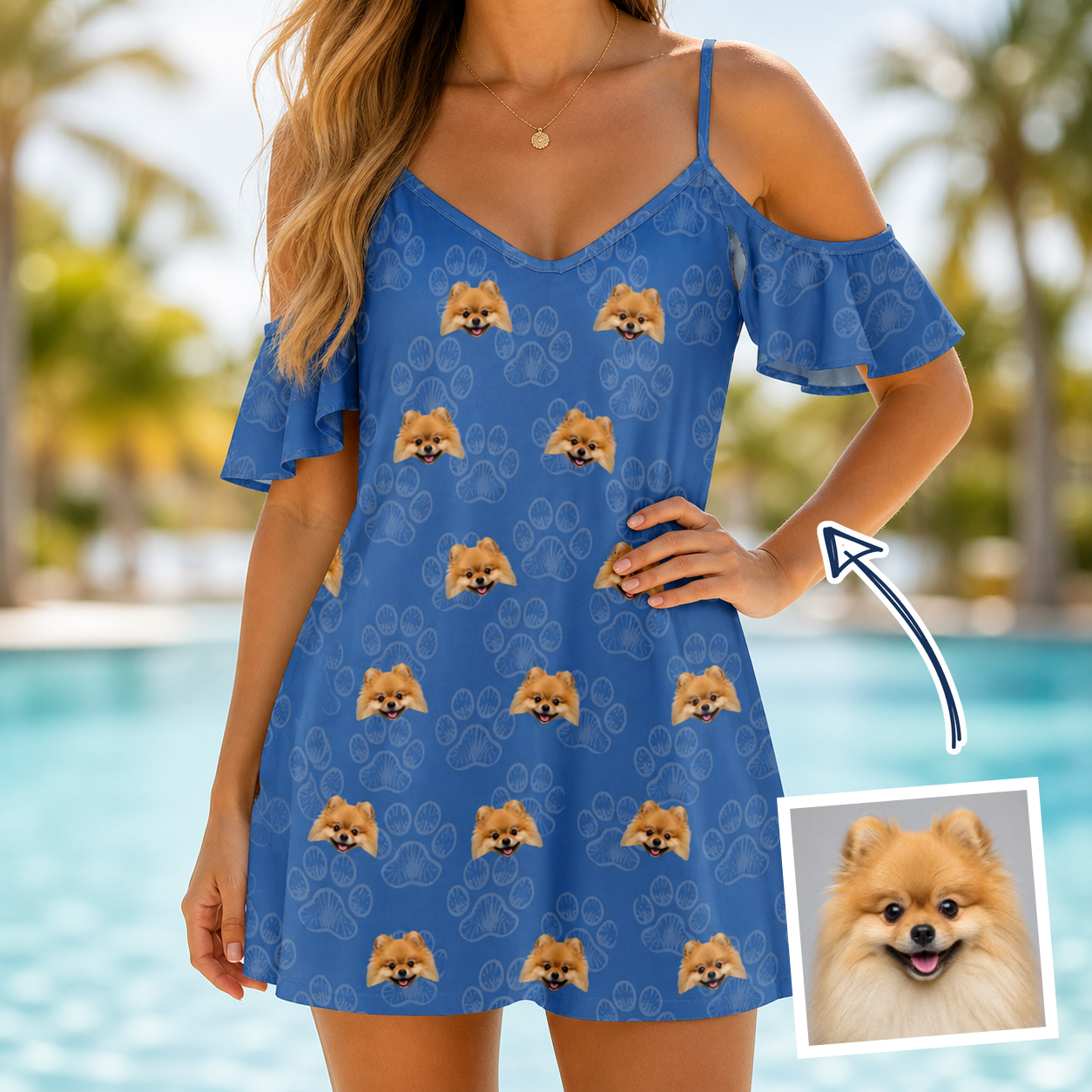 Woman wearing Women's Kibble Cartography Custom Dog Face Off-Shoulder Dress — custom faces printed all-over