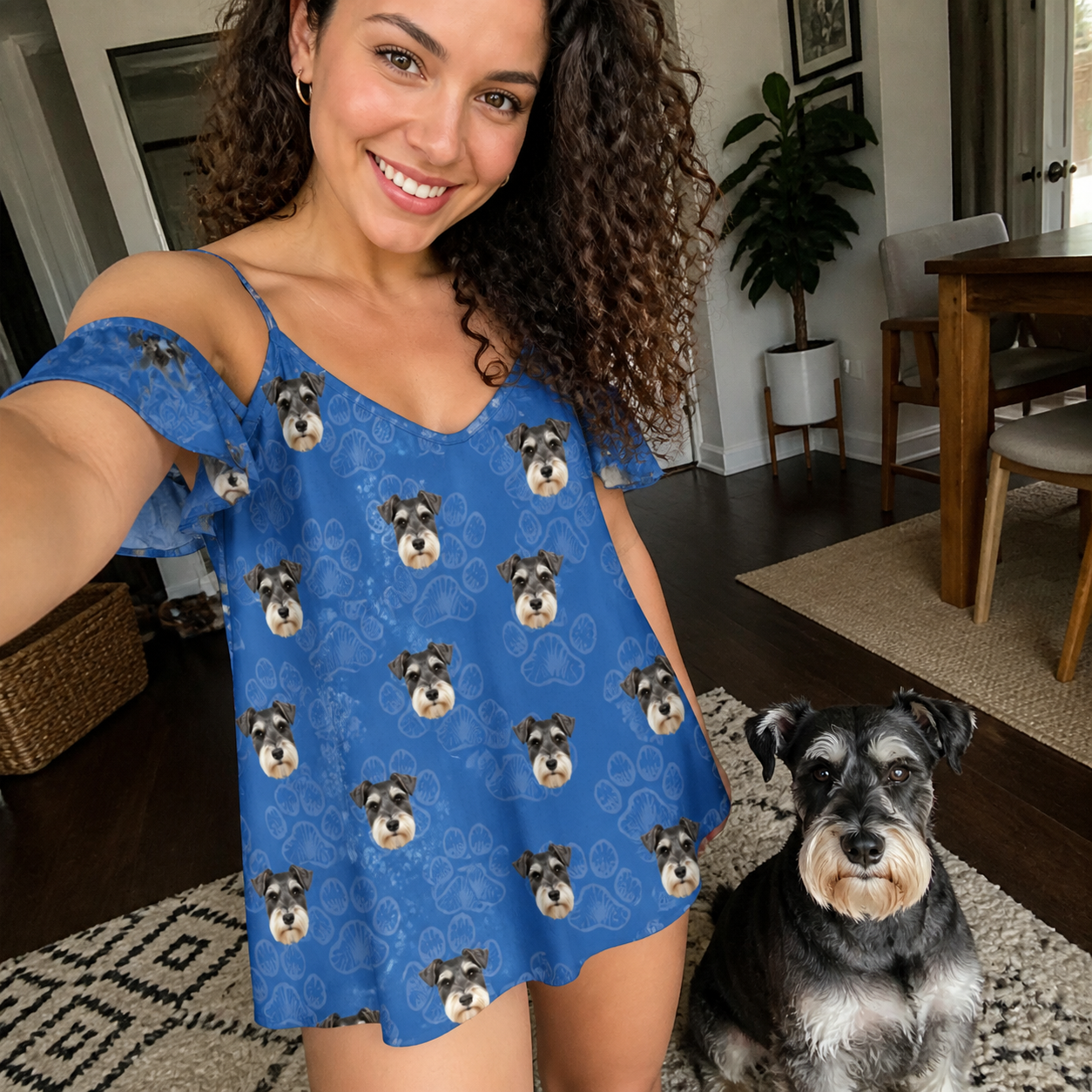 Selfie with the pet whose face is printed all over this Women's Kibble Cartography Custom Dog Face Off-Shoulder Dress