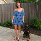 Full-length photo with the pet printed all over this Women's Kibble Cartography Custom Dog Face Off-Shoulder Dress