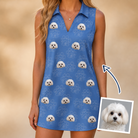 Woman wearing Women's Kibble Cartography Custom Dog Face V-Neck Dress — custom faces printed all-over