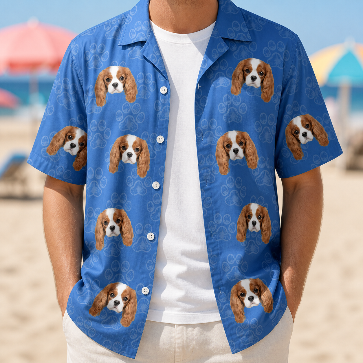 Man wearing Men's Kibble Cartography Custom Dog Face Hawaiian Shirt open over a white tee