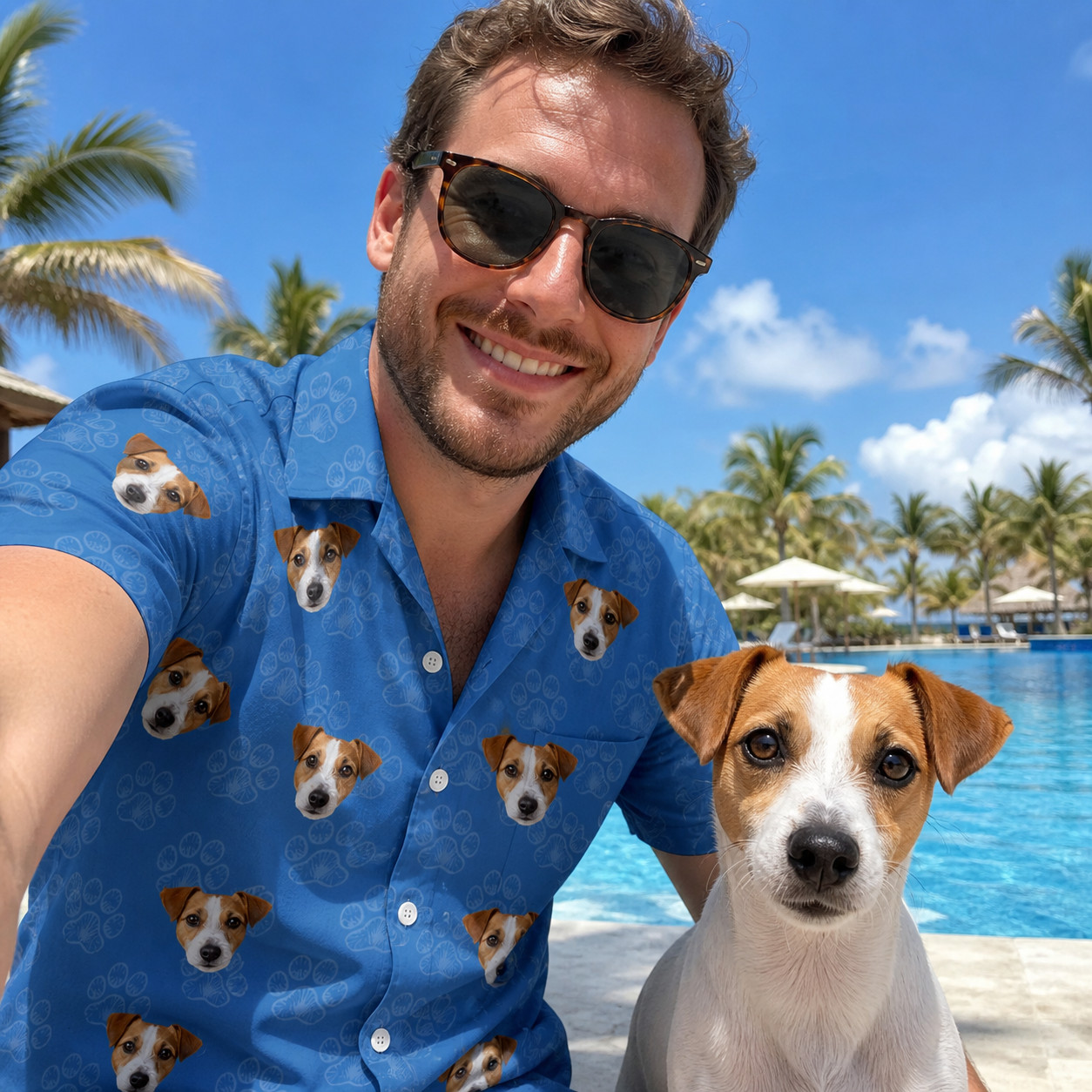 Selfie with the pet whose face is printed all over this Men's Kibble Cartography Custom Dog Face Hawaiian Shirt