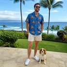 Full-length photo with the pet printed all over this Men's Kibble Cartography Custom Dog Face Hawaiian Shirt