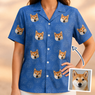 Woman wearing Women's Kibble Cartography Custom Dog Face Hawaiian Shirt — custom faces printed all-over