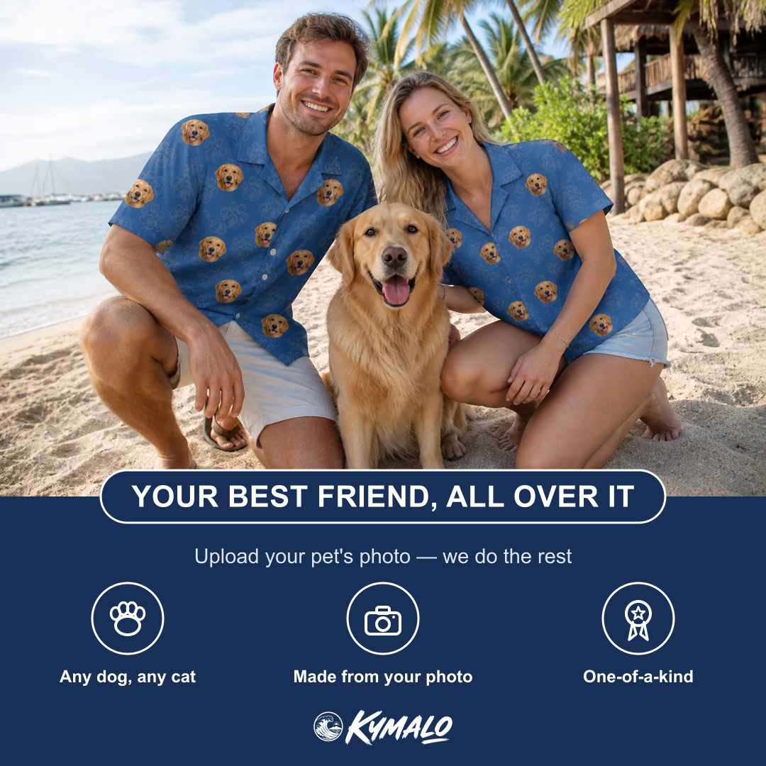 Friends in matching Women's Kibble Cartography Custom Dog Face Hawaiian Shirt — a group gift photo