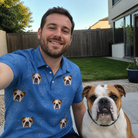 Selfie with the pet whose face is printed all over this Men's Kibble Cartography Custom Dog Face Polo Shirt