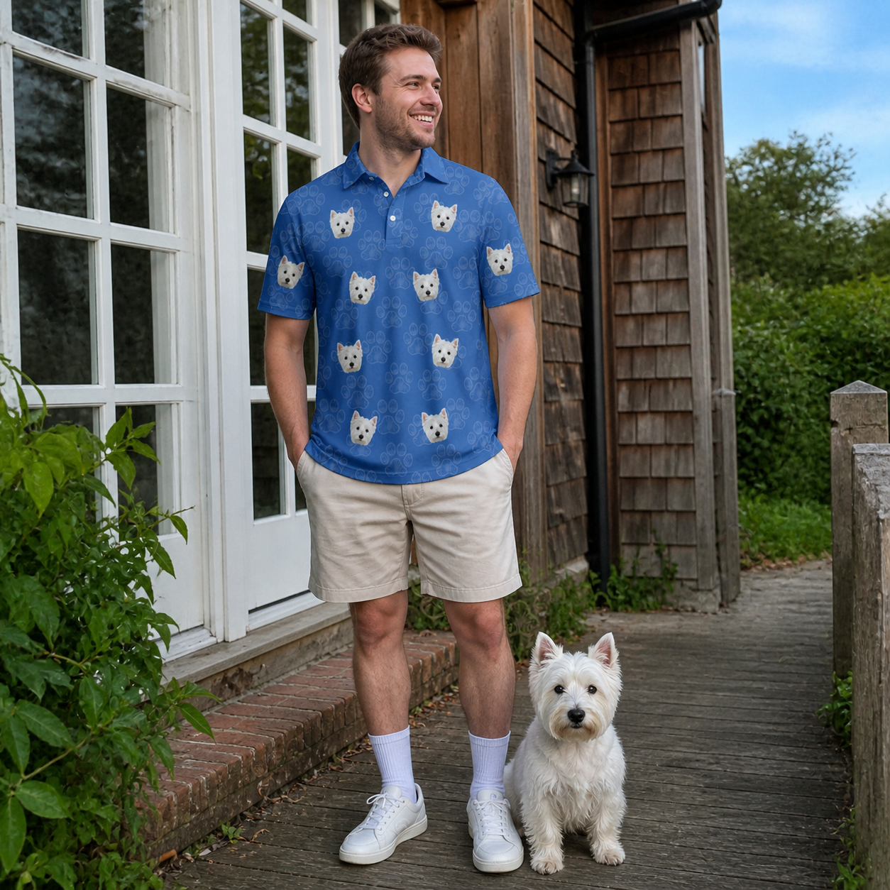 Full-length photo with the pet printed all over this Men's Kibble Cartography Custom Dog Face Polo Shirt