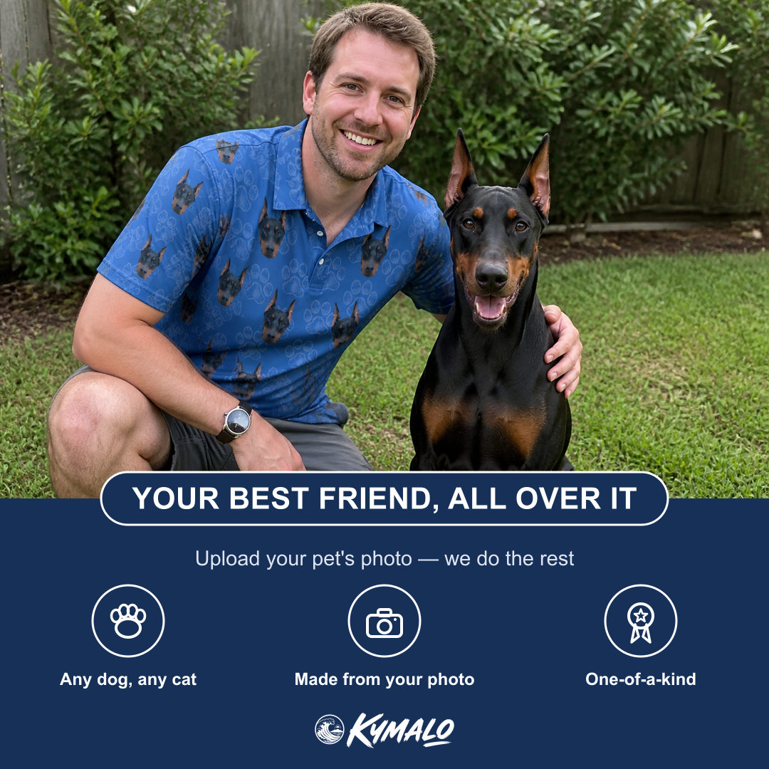 Friends in matching Men's Kibble Cartography Custom Dog Face Polo Shirt — a group gift photo