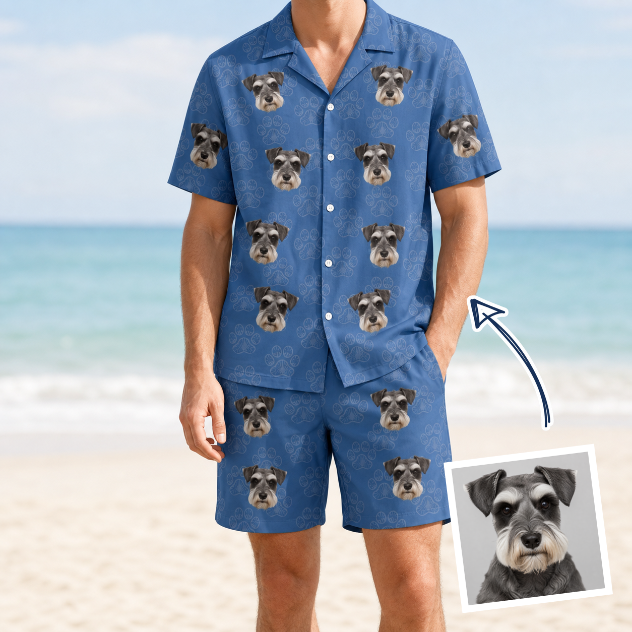 Man wearing Men's Kibble Cartography Custom Dog Face Shirt & Shorts Set — custom faces printed all-over