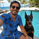 Selfie with the pet whose face is printed all over this Men's Kibble Cartography Custom Dog Face Shirt & Shorts Set