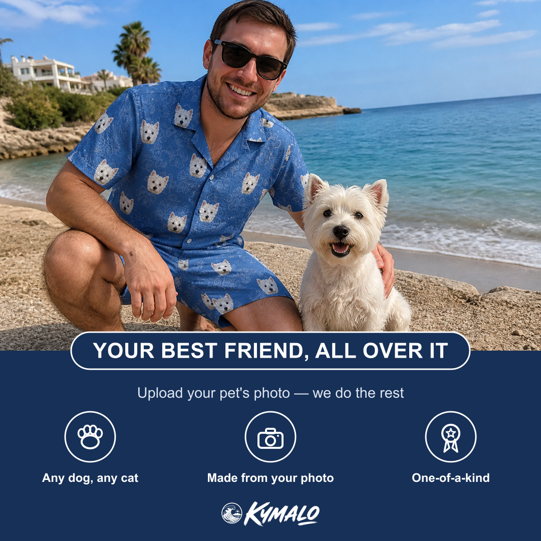 Friends in matching Men's Kibble Cartography Custom Dog Face Shirt & Shorts Set — a group gift photo