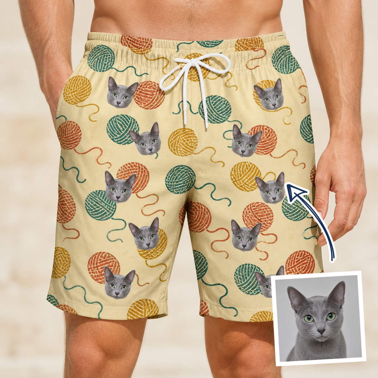 Man wearing Men's Mewton Balls Custom Cat Face Beach Shorts — custom faces printed all-over