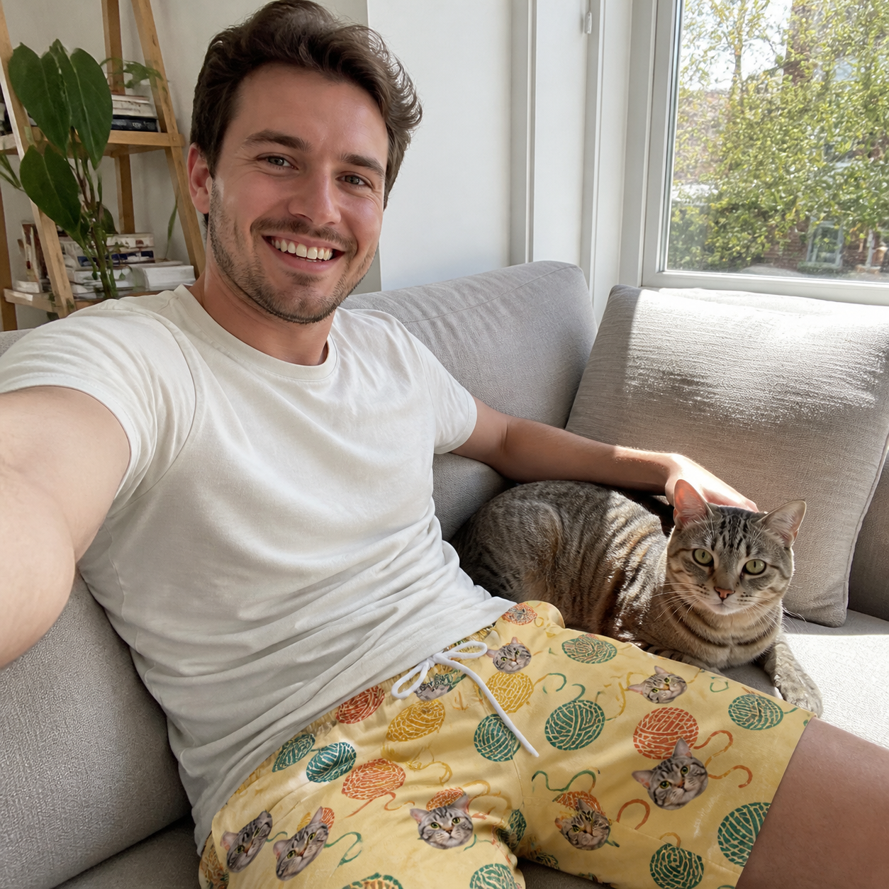 Selfie with the pet whose face is printed all over this Men's Mewton Balls Custom Cat Face Beach Shorts