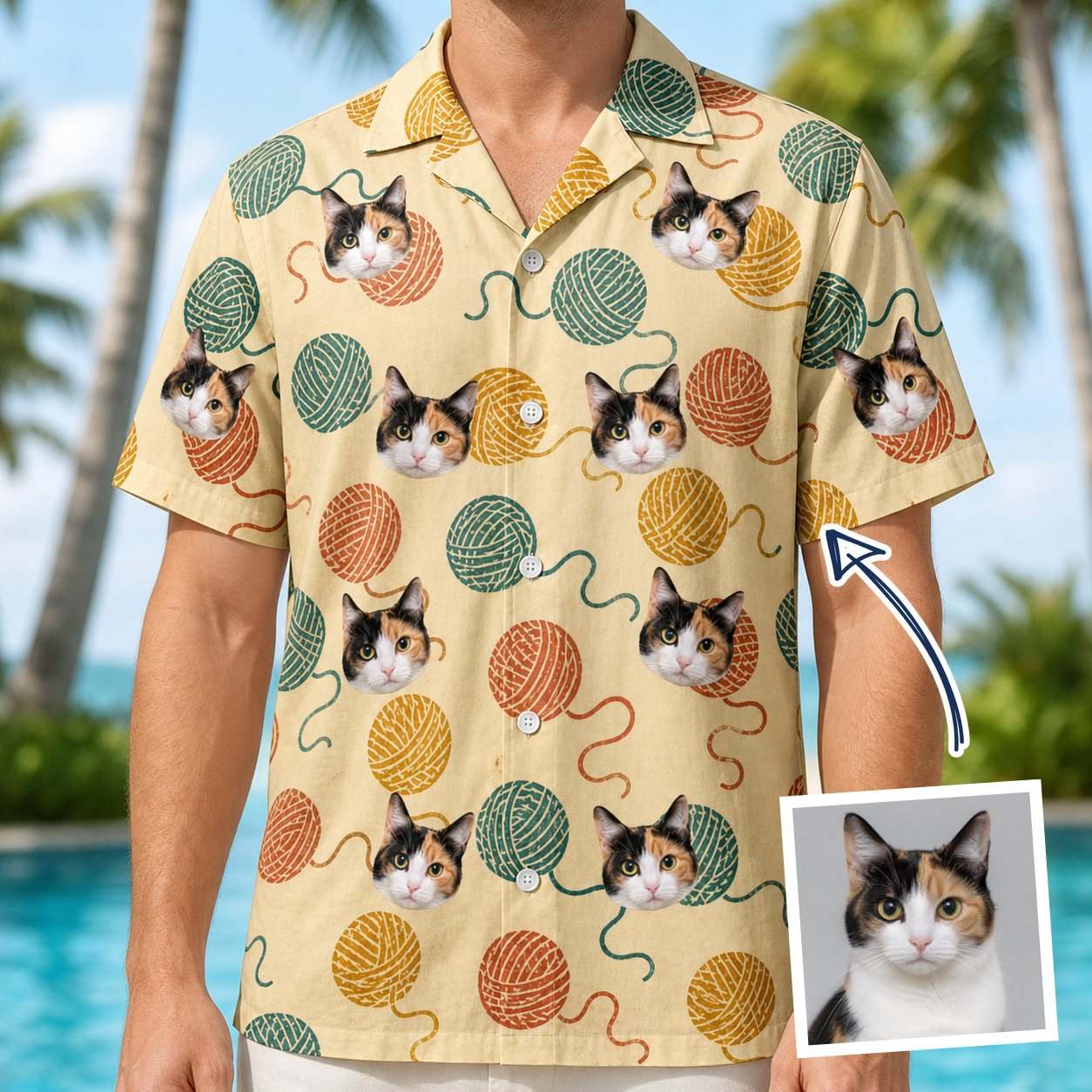 Man wearing Men's Mewton Balls Custom Cat Face Hawaiian Shirt — custom faces printed all-over