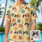 Man wearing Men's Mewton Balls Custom Cat Face Hawaiian Shirt — custom faces printed all-over