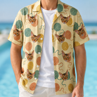 Man wearing Men's Mewton Balls Custom Cat Face Hawaiian Shirt open over a white tee