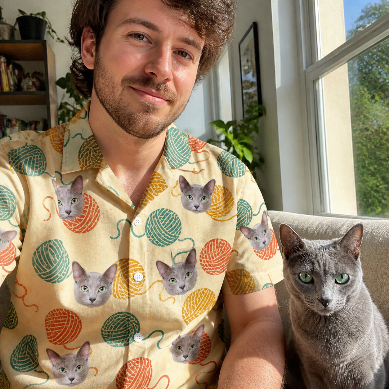 Selfie with the pet whose face is printed all over this Men's Mewton Balls Custom Cat Face Hawaiian Shirt