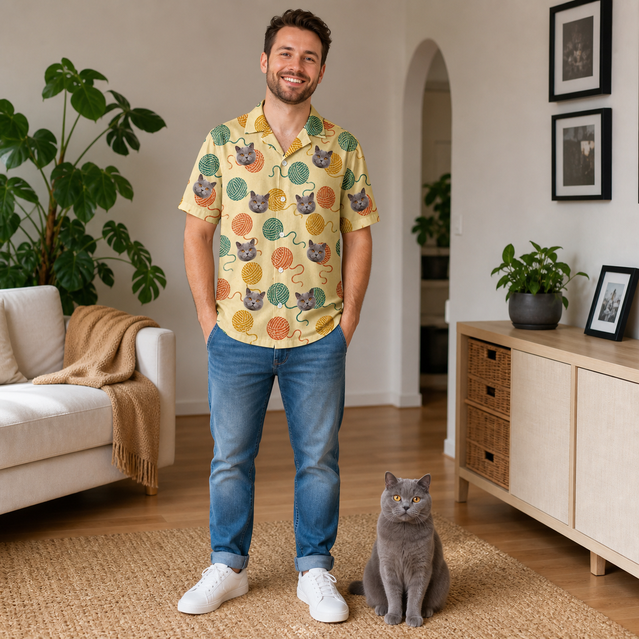 Full-length photo with the pet printed all over this Men's Mewton Balls Custom Cat Face Hawaiian Shirt