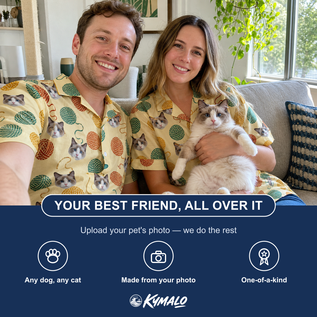 Friends in matching Women's Mewton Balls Custom Cat Face Hawaiian Shirt — a group gift photo