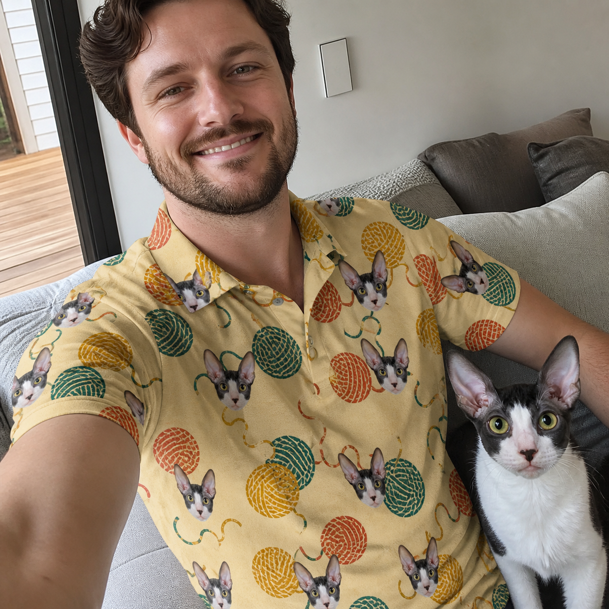 Selfie with the pet whose face is printed all over this Men's Mewton Balls Custom Cat Face Polo Shirt