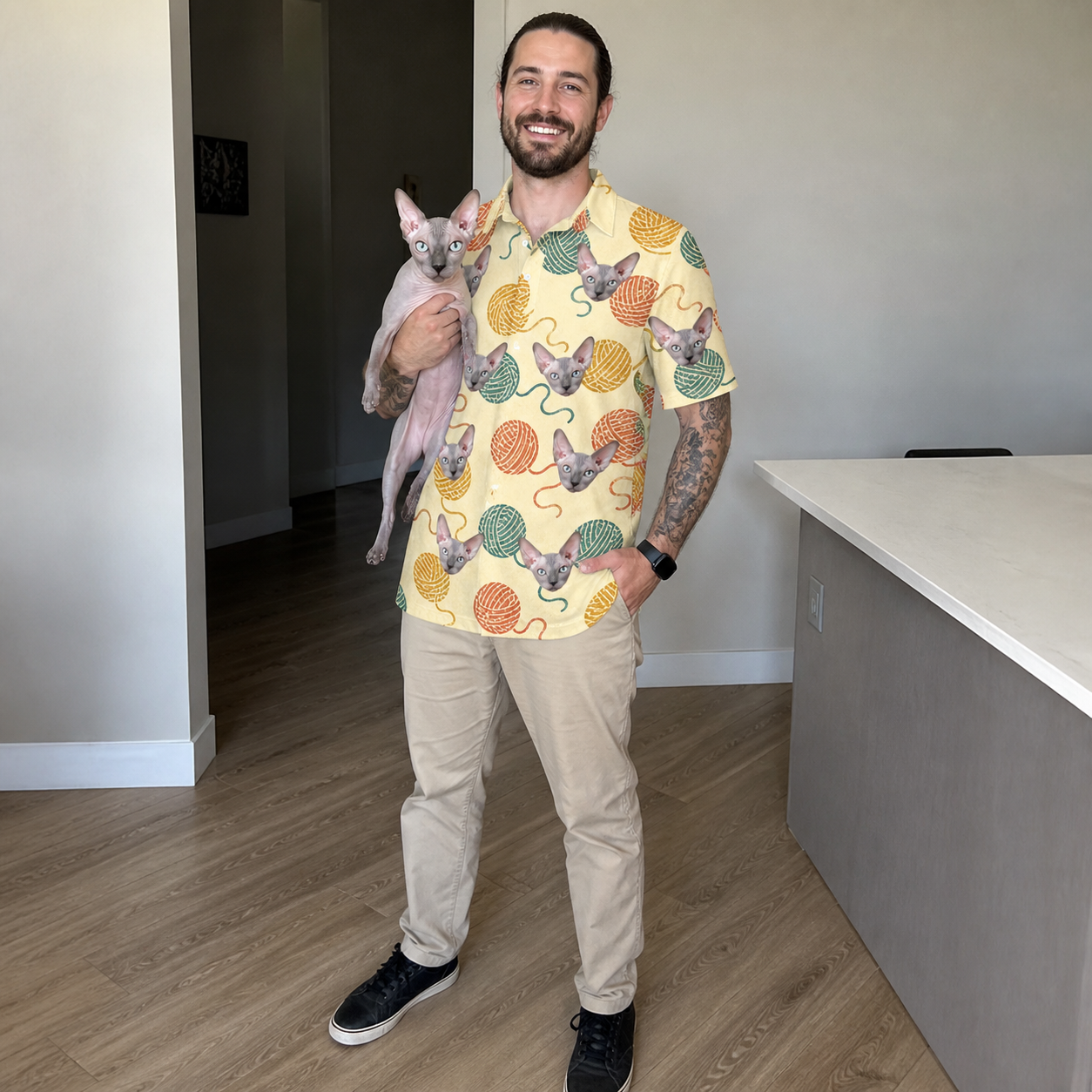 Full-length photo with the pet printed all over this Men's Mewton Balls Custom Cat Face Polo Shirt