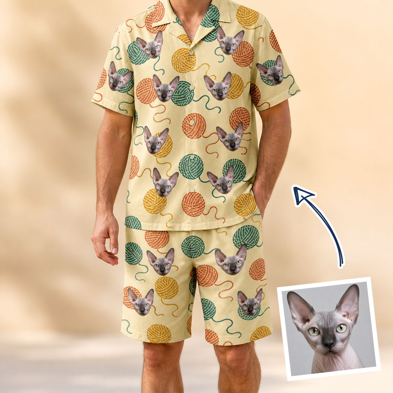 Man wearing Men's Mewton Balls Custom Cat Face Shirt & Shorts Set — custom faces printed all-over