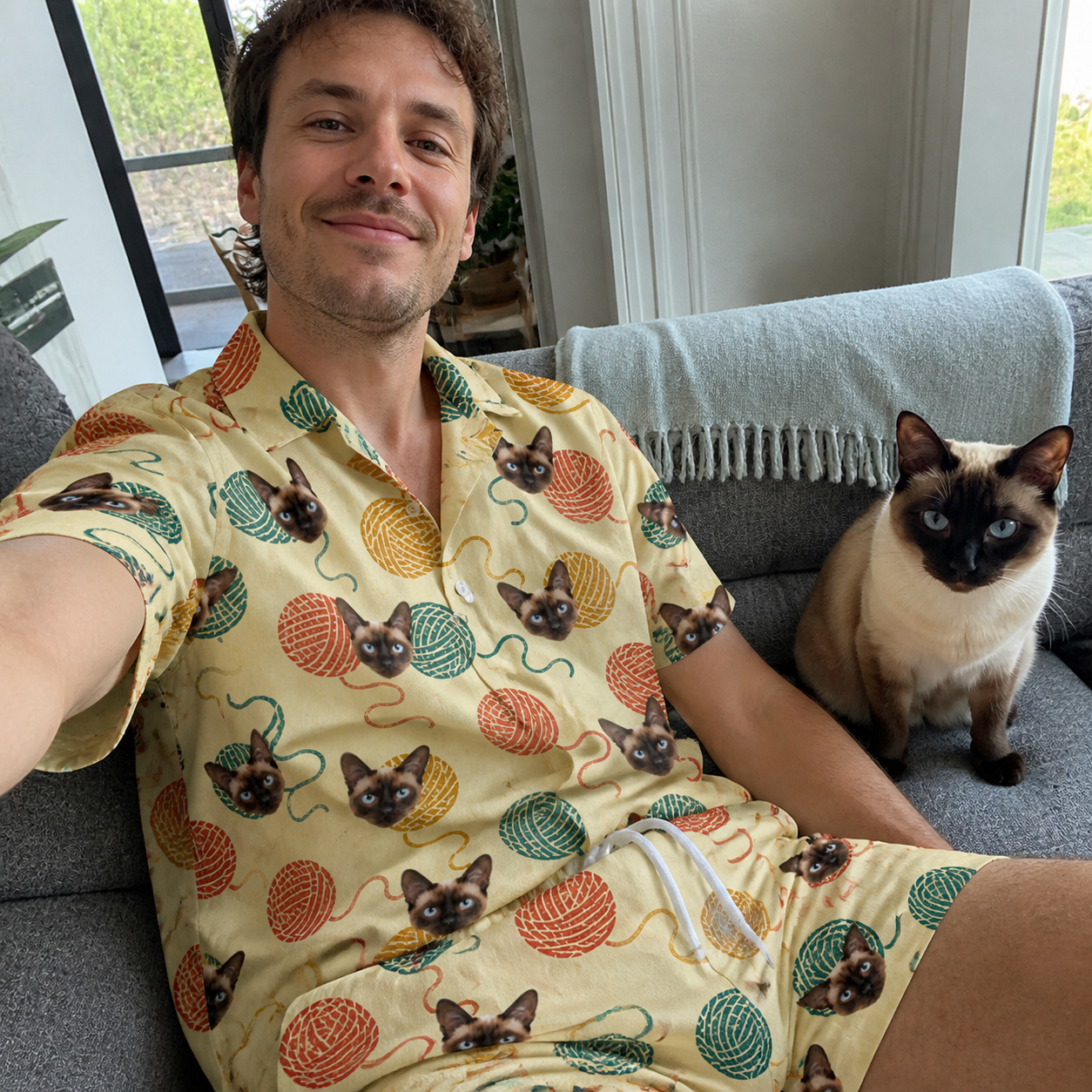 Selfie with the pet whose face is printed all over this Men's Mewton Balls Custom Cat Face Shirt & Shorts Set