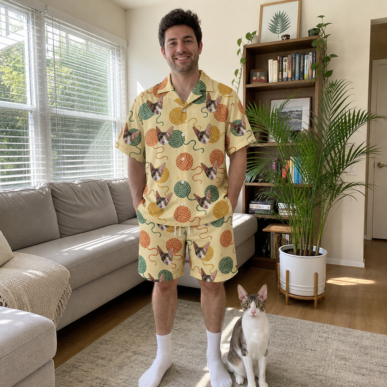 Full-length photo with the pet printed all over this Men's Mewton Balls Custom Cat Face Shirt & Shorts Set