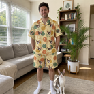 Full-length photo with the pet printed all over this Men's Mewton Balls Custom Cat Face Shirt & Shorts Set