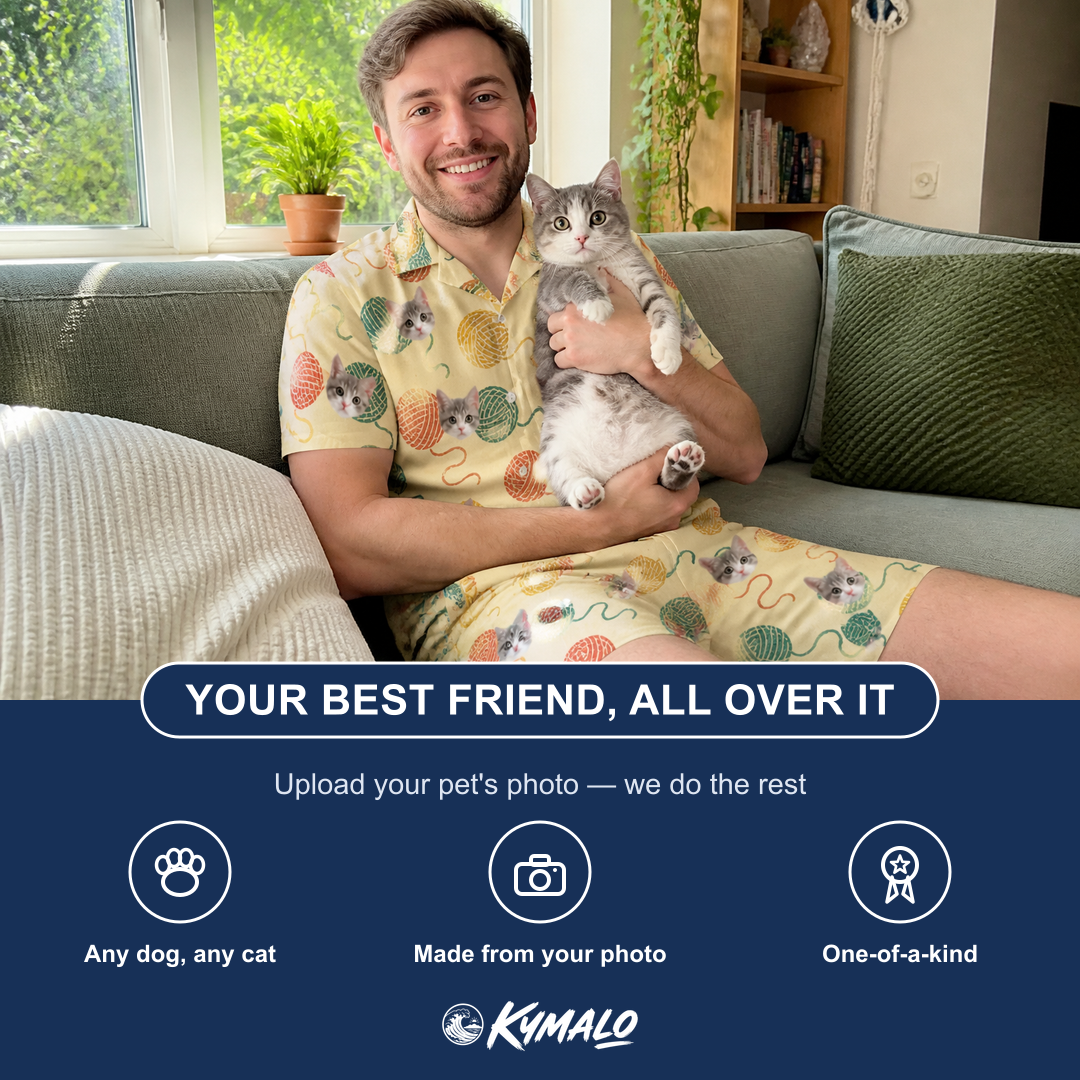 Friends in matching Men's Mewton Balls Custom Cat Face Shirt & Shorts Set — a group gift photo