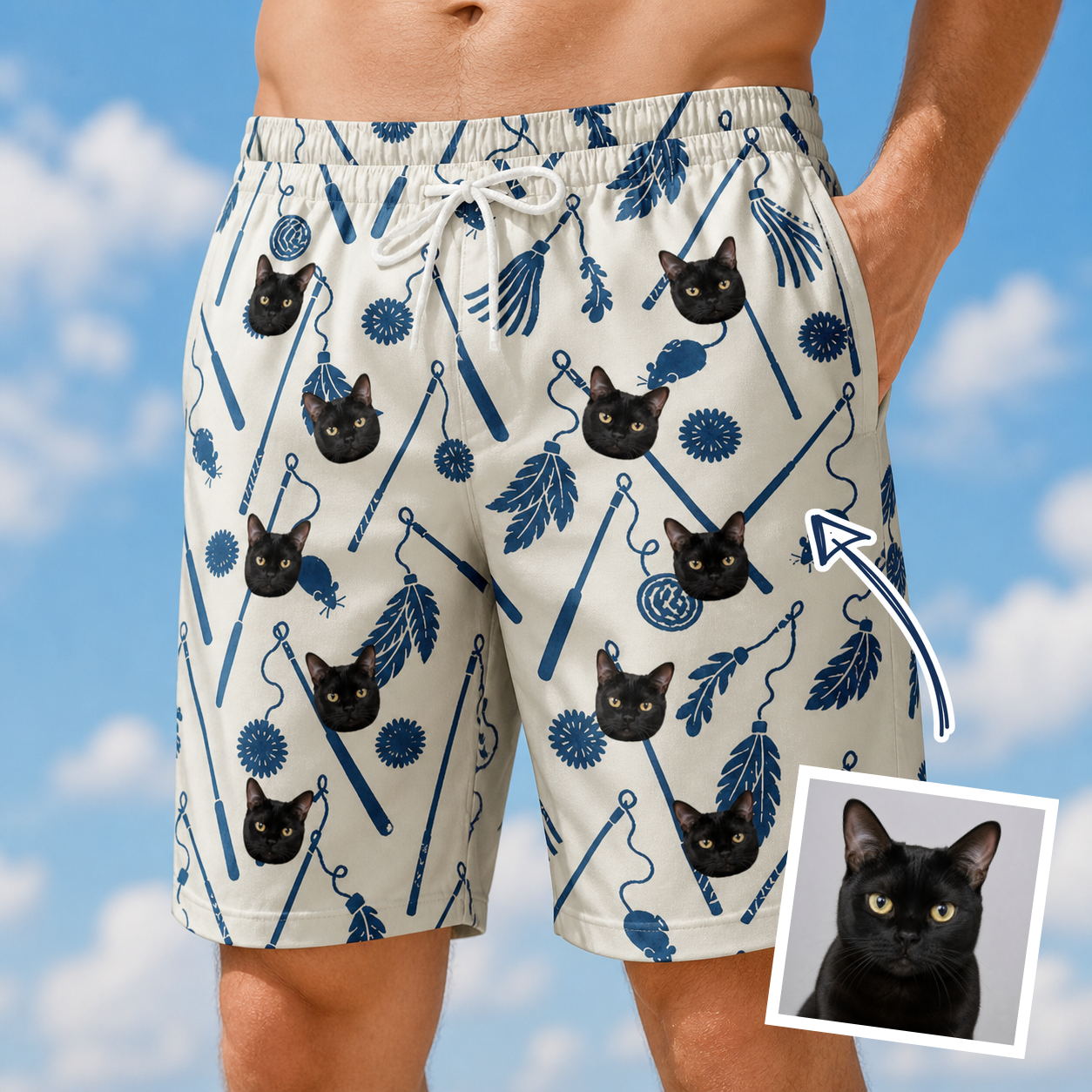 Man wearing Men's Catnip Kinetics Custom Cat Face Beach Shorts — custom faces printed all-over