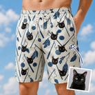 Man wearing Men's Catnip Kinetics Custom Cat Face Beach Shorts — custom faces printed all-over